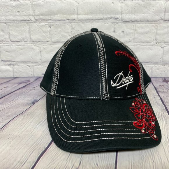 Dodge Hat Women Strap Back Black Embroidered Logo Jewel Rhinestone Pony Tail Cap - Picture 5 of 8